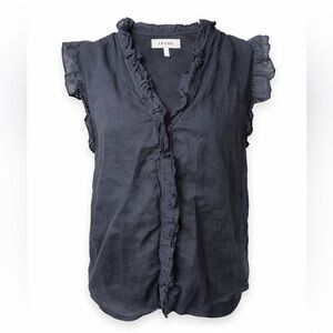 FRAME Ruffle Blouse Ramie Black Flutter Sleeve Sheer Boho Romantic Top- Small